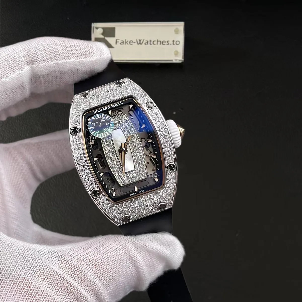 Richard Mille Replica RM 07-01 Ladies' Gold Snow Diamond Black Rubber Strap - Image 6