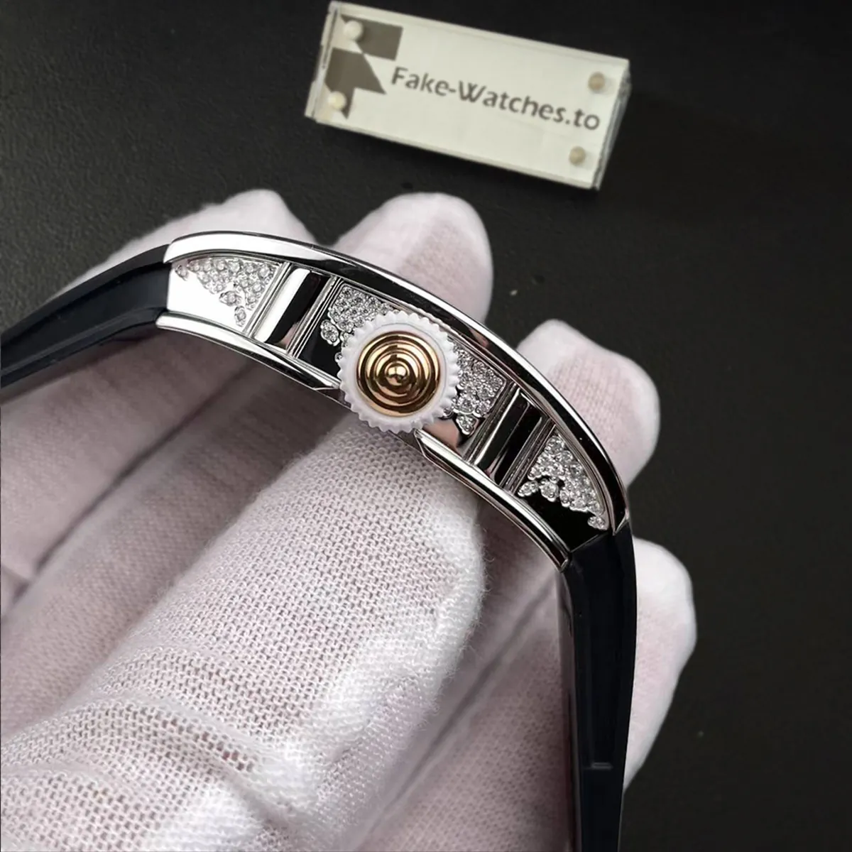 Richard Mille Replica RM 07-01 Ladies' Gold Snow Diamond Black Rubber Strap - Image 3