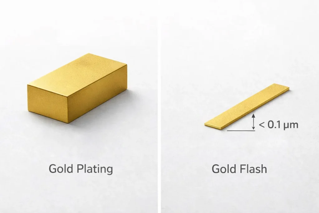 Comparison of gold plating and gold flash coatings showing the difference in thickness and durability.