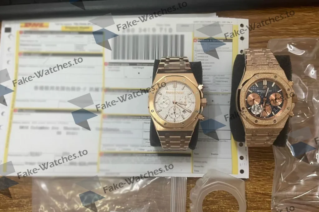 Customer-purchased gold-plated watches photographed before shipment.