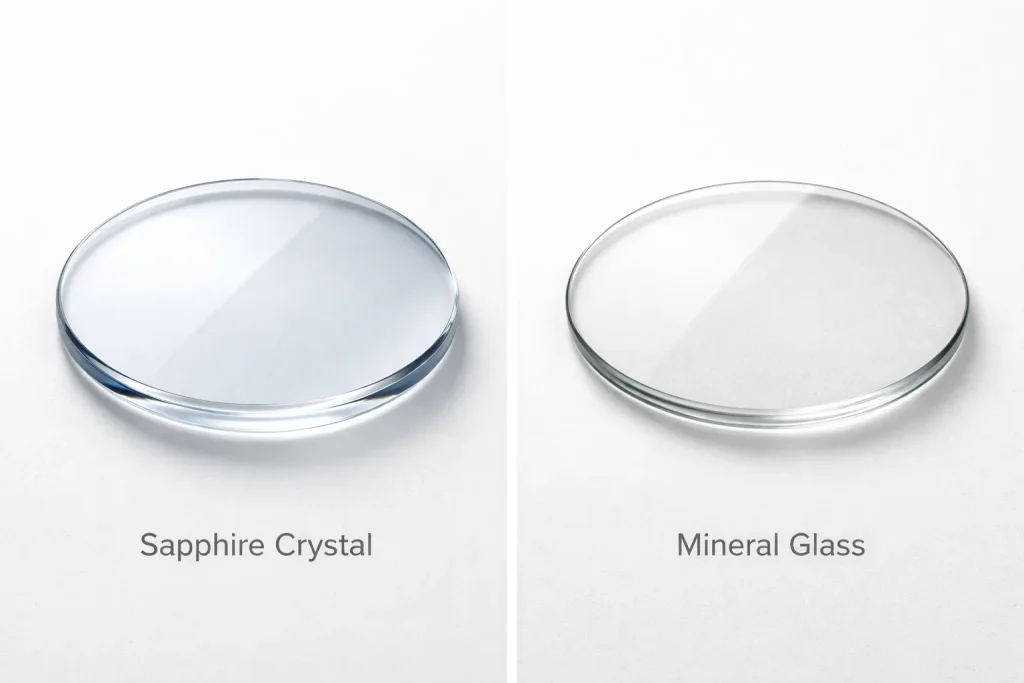Sapphire crystal vs mineral glass watch crystal comparison with close-up detail