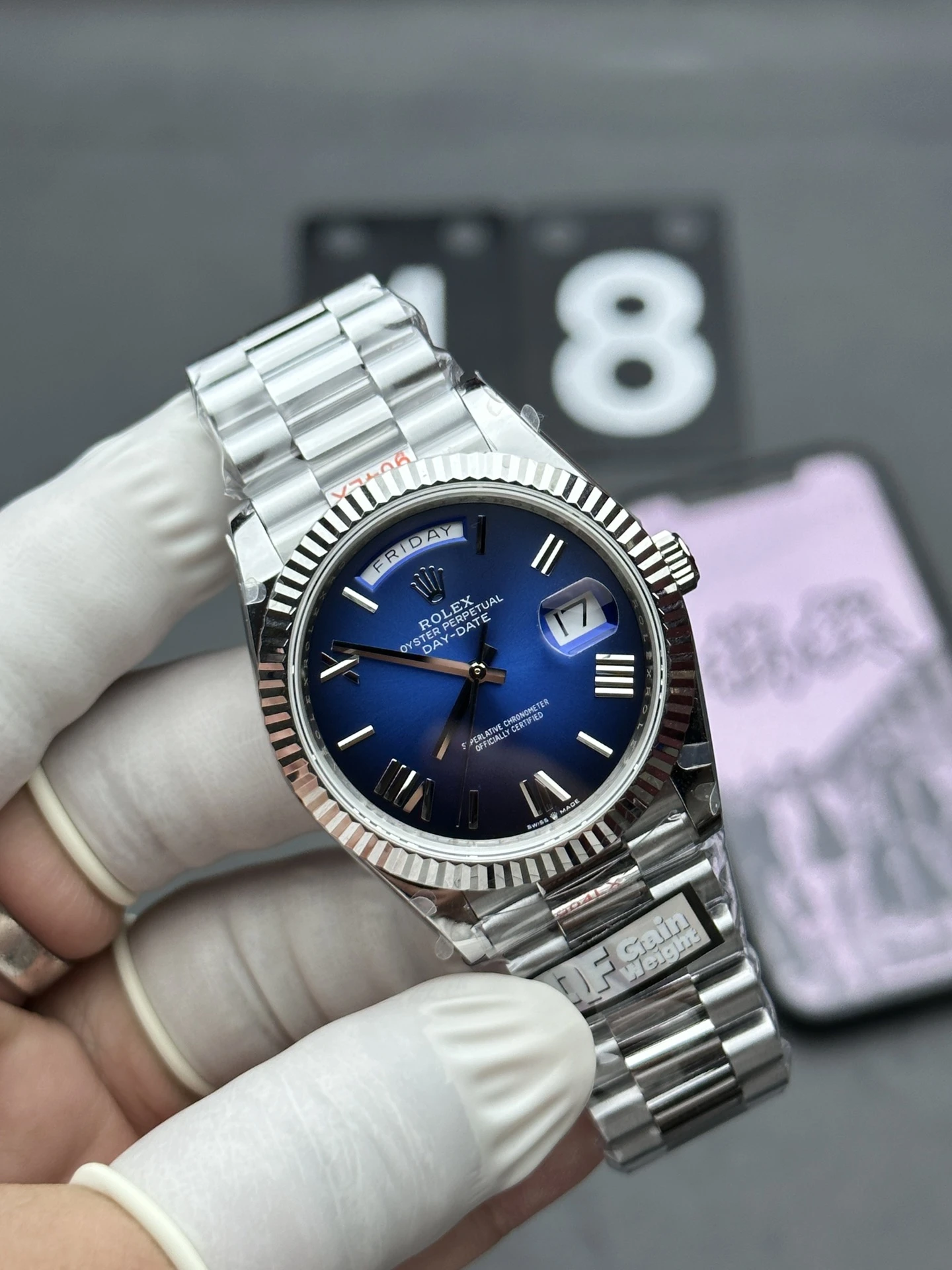 Replica Rolex Day-Date m228239-0076 40mm– Blue Sunburst Dial with Fluted Bezel