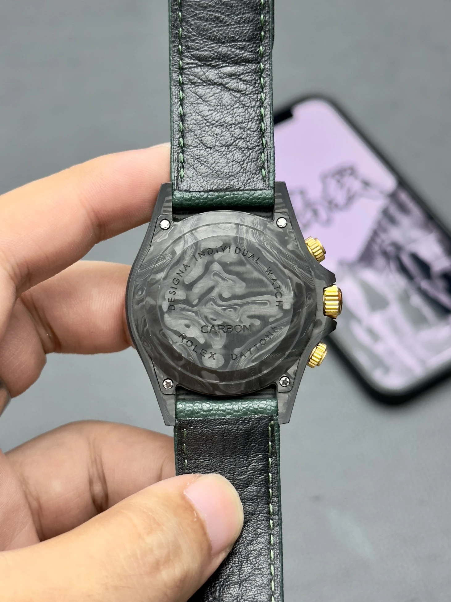 Rolex Replica Daytona Carbon Fiber Chronograph Men's Watch with Green Leather Strap - Image 2